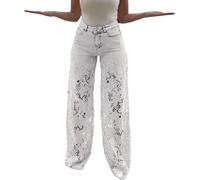 Womens Straight Leg Jeans Fashion Lace Patchwork Hollow Denim Trousers Y2k Causal High Waisted Wide Leg Baggy Mom Pants Stretchy Cotton Blend Ripped Jean White