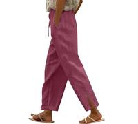 Womens Straight Leg Linen Pants Drawstring High Waisted Yoga Beach Pants Plus Size Lightweight Outdoor Sports Joggers Split 2025 Summer Fashion Printed Loose Lounge Cropped Pant with Pocket Wine