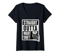 Womens Straight Outta Night Shift Worker Owl Mens Womens Vintage V-Neck T-Shirt