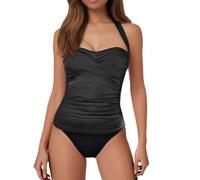 Women's Strapless Bandeau Tankini Top Only - Ruched Tummy Control Bathing Suit Top, Adjustable Halter Strap Design, Slimming Stretch Fabric, Perfect for Mix-and-Match Beach & Pool Swimwear Black