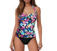 Women's Strapless Bandeau Tankini Top Only - Ruched Tummy Control Bathing Suit Top, Adjustable Halter Strap Design, Slimming Stretch Fabric, Perfect for Mix-and-Match Beach & Pool Swimwear Blue