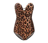 Women's Strapless Bodysuit Sexy Deep V Neck Cross Back Velvet Bodycon Leotard Top (Leopard, S)