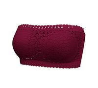 Women's Strapless Bra Padded Basic Layering Seamless Bra Bandeau Crop Tube Top Bra Floral Lace Soft Stretch Bralette Wine L