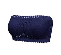 Women's Strapless Bra Padded Basic Layering Seamless Bra Bandeau Crop Tube Top Bra Floral Lace Soft Stretch Bralette Navy XXL