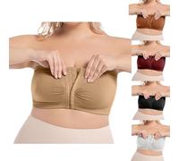 Women's Strapless Bras Front Fastening Plus Size Bras for Women UK Front Opening Push Up Bandeau Bra Non Wired Anti-Slip Bralette Ladies Padded Everyday Bra Supportive Tube Top for Large Bust Khaki