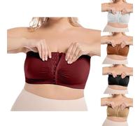Women's Strapless Bras Front Fastening Plus Size Bras for Women UK Front Opening Push Up Bandeau Bra Non Wired Anti-Slip Bralette Ladies Padded Everyday Bra Supportive Tube Top for Large Bust Wine