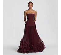 Womens Strapless Fitted Waist Long Evening Gown 3D Petal Pleated Dress Red M