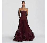 Womens Strapless Fitted Waist Long Evening Gown 3D Petal Pleated Dress Red WC M
