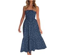 Women's Strapless Sheering Boob Tube Gather Oversized Plus Size Elasticated Bust Bandeau Floral Printing Beach Summer Sleeveless Top Midi Dress for Ladies UK Clearance Navy