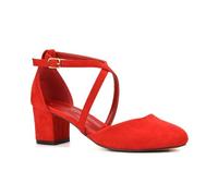 Women's Strappy Ankle Strap Mid Low Block Close Toe Heel Ladies Red Faux Suede Court Shoes Size 5