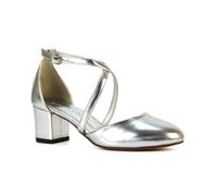Women's Strappy Ankle Strap Mid Low Block Close Toe Heel Ladies Silver Metallic Court Shoes Size 7