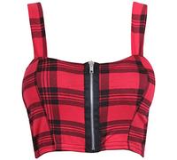 Womens Strappy Dogtooth Tartan Camouflage Aztec Comic Print Ladies Sleeveless Zip Bralet Padded Bust Cropped Vest Bra Top Red Tartan 12-14
