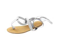 Women's Strappy Flat Sandals Gladiator Thong Lace Up Ankle Wrap Open Toe Soft Sole Beach Walking Casual Summer Dress Footwear Comfortable Lightweight Vacation Boho Fashion Silver, Size 5