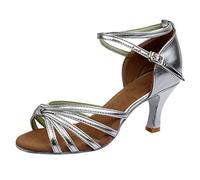 Women's Strappy Knot Front Latin Dance Shoes Low Flared Heel Ankle Strap Buckle Sandals for Ballroom Salsa Practice Silver