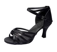 Women's Strappy Knot Front Latin Dance Shoes Low Flared Heel Ankle Strap Buckle Sandals for Ballroom Salsa Practice Black
