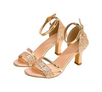 Women's Strappy Mid Heel Sandals Shimmering Glitter Open Toe Kitten Heels Metallic Party Wedding Guest Ladies Evening Dress Shoes Footwear Gold