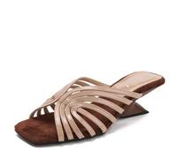 Women's Strappy Slide Sandals, Square Open Toe Wedge Heel Mules,apricot,42