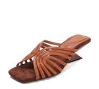 Women's Strappy Slide Sandals, Square Open Toe Wedge Heel Mules,brown,42