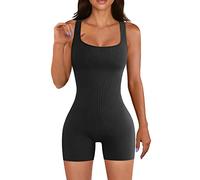 Womens Strappy Square Neck Tank Top Tummy Control Bodycon Stretch Shorts Jumpsuit Rompers(Black,Small)