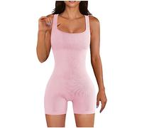 Womens Strappy Square Neck Tank Top Tummy Control Bodycon Stretch Shorts Jumpsuit Rompers(Pink 2,M)