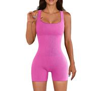 Womens Strappy Square Neck Tank Top Tummy Control Bodycon Stretch Shorts Jumpsuit Rompers(Pink,Small)