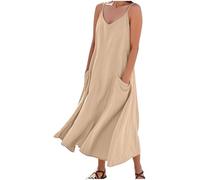 Womens Strappy Summer Dresses Cotton Linen Maxi Dresses Adjustable Spaghetti Strap V Neck Sleeveless Dress with Pockets Boho Beach Holiday Dress Solid Color Summer Casual Long Sudress Khaki