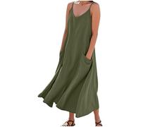 Womens Strappy Summer Dresses Cotton Linen Maxi Dresses Adjustable Spaghetti Strap V Neck Sleeveless Dress with Pockets Boho Beach Holiday Dress Solid Color Summer Casual Long Sudress Army Green