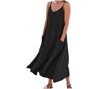 Womens Strappy Summer Dresses Cotton Linen Maxi Dresses Adjustable Spaghetti Strap V Neck Sleeveless Dress with Pockets Boho Beach Holiday Dress Solid Color Summer Casual Long Sudress Black