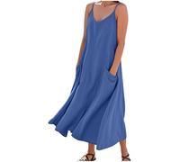 Womens Strappy Summer Dresses Cotton Linen Maxi Dresses Adjustable Spaghetti Strap V Neck Sleeveless Dress with Pockets Boho Beach Holiday Dress Solid Color Summer Casual Long Sudress Navy