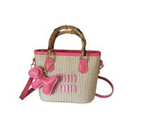 Women's Straw Basket Fashionable Contrast Color Bamboo Handbag Crossbody Bag