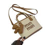 Women's Straw Basket Fashionable Contrast Color Bamboo Handbag Crossbody Bag