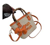 Women's Straw Basket Fashionable Contrast Color Bamboo Handbag Crossbody Bag