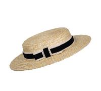 Women's Straw Boater Hat 1940s Vintage Very Low Fascinator Base Mini Top Hat with Velvet and Crochet Ribbon, Natural and Black Bow, M/L