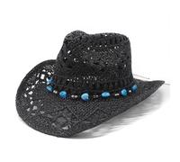 Women's Straw Cowboy Hat Bend Brim Fedora Hat Beads Decorates Hollow Out Cowgirl Sun Hats Shapeable Brim Cowboy Hat for Womens Beach Outdoor