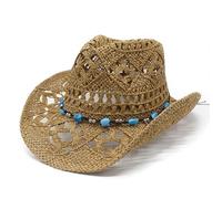 Women's Straw Cowboy Hat Bend Brim Fedora Hat Beads Decorates Hollow Out Cowgirl Sun Hats Shapeable Brim Cowboy Hat for Womens Beach Outdoor