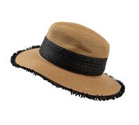 Women's Straw Fedora Hat with Colour Contrast Details and Frayed Edge