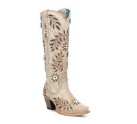 Women's Straw Laser Flowers, Birds Inlay and Crystals Tall Top Snip Toe Cowboy Boots - Z5429, Straw, 3 UK
