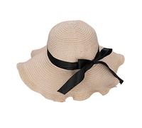 Women's Straw Sun Hat Ladies Wide Flower Brim Summer Travel Beach Hat Sun Protection UPF 50+ Foldable Outdoor Holiday Wavy Brim Hat Perfect Photo Prop 56-58CM Beige