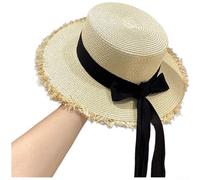 Women's Straw Sun Hat with Bow, Large Brim Flat Top Beach Cap, Breathable Papyrus Summer Vacation Casual Headwear for Outdoor Travel, Khaki(C)