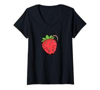 Women's Strawberry Mouse Cute Fruit Animal Pun Art | Fun Sweet Berry V-Neck T-Shirt