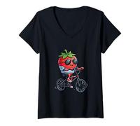 Women's Strawberry On Bicycle Cool BMX Summer Cartoon V-Neck T-Shirt