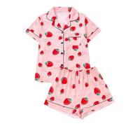 Women's Strawberry Print Button Down Pajama Set Soft Short Sleeve Shirt and Shorts Comfortable Sleepwear Christmas Tree Outfit Adult Ladies Pyjamas Women Cotton Sets For