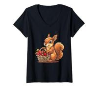 Womens Strawberry Squirrel Wildlife Cute Squirrel Animal Art Motif V-Neck T-Shirt