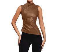 Women's Street Solid Mock Neck Sleeveless PU Leather Pleated Slim Fit Tank Top, Wine Red, brown, M