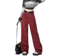 Women's Street Style Wide Leg Red Jeans Casual Denim Trousers Female High Waist Loose Straight Pants-Red-XL