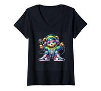 Womens Street Vibe Bear with Mic and Headphones V-Neck T-Shirt