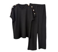 Womens Streetwear Top & Elasticated Waist Trouser Cheesecloth Co ord Set Ladies Short Sleeve Round Neck Gold Button Shoulder Popcorn Texture Tracksuit