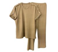 Womens Streetwear Top & Elasticated Waist Trouser Cheesecloth Co ord Set Ladies Short Sleeve Round Neck Gold Button Shoulder Popcorn Texture Tracksuit