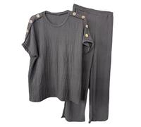 Womens Streetwear Top & Elasticated Waist Trouser Cheesecloth Co ord Set Ladies Short Sleeve Round Neck Gold Button Shoulder Popcorn Texture Tracksuit