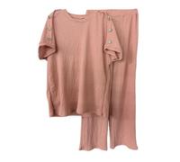 Womens Streetwear Top & Elasticated Waist Trouser Cheesecloth Co ord Set Ladies Short Sleeve Round Neck Gold Button Shoulder Popcorn Texture Tracksuit